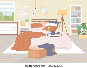 Hygge at home flat color vector illustration. Comfortable bedroom with blankets for relaxing lounge. Tea set and blanket on bed. Nordic style 2D cartoon interior with furnishing on background