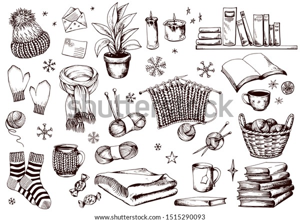 Hygge Home Sketch Collection Knitting Accessories Stock Vector Royalty Free 1515290093