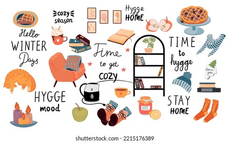 Hipótesis con letras de tema casero con artículos acogedores.Sillón con almohada, gato, ropa de abrigo, libros, tetera y tazas, botas, velas, tarta y manzanas.Vector clipart para tarjeta de diseño.Ilustración de estilo plano.