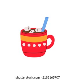 Hygge hot chocolate with marshmallows in holiday red cup. Cocoa or coffee with tubule. Seasonal autumn, winter drink. Cozy fall illustration for cafe, restaurant menu, logo, label, cookbook. 