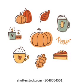 Hygge icons set for social media, web banner, advert, or print. Pumpkins, coffee, candles, oak leaf, apple pie isolated on white background. Autumn elements in  doodle style for postcard. 
