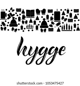 Hygge icons set.Vector illustration for greeting card, invitations, scrapbook stickers. Translation: cosiness