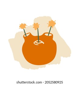 Hygge illustration with abstract vase and flowers. Boho modern style. Vector illustration with pottery