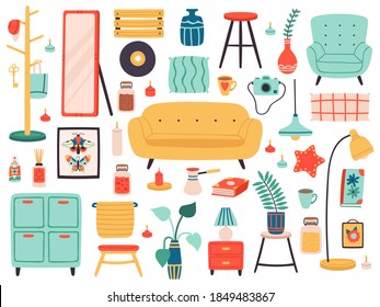 Hygge interior elements. Doodle furniture and comfortable cozy home accessories, living room interior elements isolated vector illustration set. Stylish Scandinavian furnishing for apartment