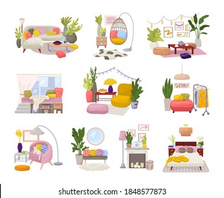 Hygge interiors collection with stylish comfy furniture and scandinavian home decorations vector illustration set. Cozy living rooms or apartments furnished in trendy hygge style. Modern furniture.