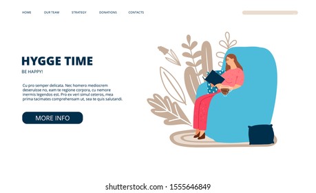 Hygge landing page. Scandinavian lifestyle banner template. Vector woman reads book on big armchair with cup of tea. Hygge web banner