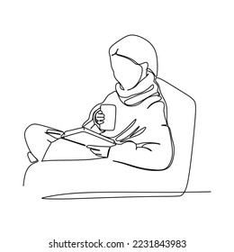 Hygge life style. One line drawing of a girl drinks a cup of coffee while reading. Drawing design Concept for Mood of coziness and comfortable conviviality with feeling of wellness and contentment. 