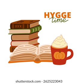 Hygge lifestyle concept. Open book, stack of books, hot drink with whipped cream. Cozy home atmosphere, lagom, relaxation and comfortable. Hand drawn flat vector illustration