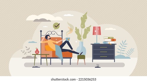 Hygge lifestyle as cozy home interior with warm feeling tiny person concept. Comfortable relaxation mood with candle light, blanket and warm beverage vector illustration. Cosy design in remote cabin.