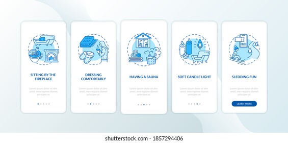 Hygge lifestyle for cozy winter onboarding mobile app page screen with concepts. Having sauna, comfort style walkthrough 5 steps graphic instructions. UI vector template with RGB color illustrations