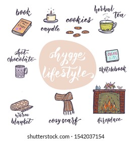 Hygge Lifestyle Doodle Hand Drawn Icons Set. Coziness Autumn or Winter Sweet Home Symbols. Vector Illustration.