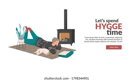 Hygge lifestyle flat background with editable text clickable learn more button and images of leisure activity vector illustration