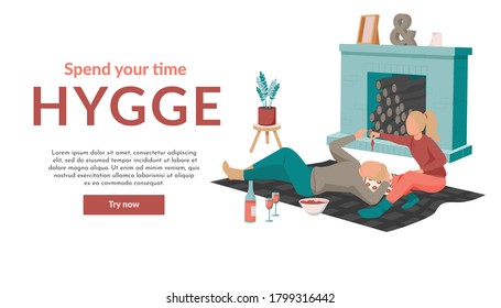 Hygge lifestyle flat background with try now button editable text and image of couple at rest vector illustration