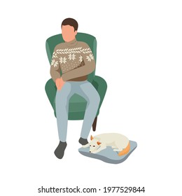 Hygge lifestyle flat icon with man in warm sweater on armchair and his sleeping dog vector illustration