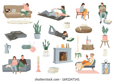 Hygge lifestyle flat icons collection with isolated human characters and icons of house plants soft furniture vector illustration