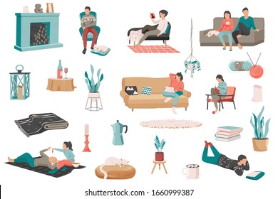 Hygge lifestyle flat recolor set with isolated icons of house plants books soft furniture and people vector illustration