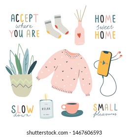 Hygge lifestyle hand drawn illustrations set. Idea of scandinavian coziness and comfort. Autumn and winter mood. Home elements isolated on white background. Pastel color.