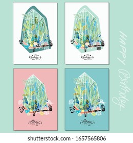 Hygge lifestyle happy birthday card illustration set with plants, greenhouse, hand lettering. Happy cozy tropical plant card. Perfect for garden and plant lovers.