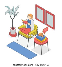 Hygge lifestyle isometric background girl sitting on the chair with her cat vector illustration