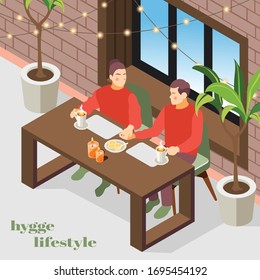 Hygge lifestyle isometric composition with danish cozy apartment interior lights plants enjoying coffee couple background vector illustration 