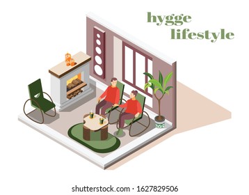 Hygge lifestyle living room interior with fireplace plant candles comfortable with each other couple isometric vector illustration 