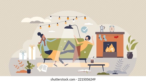 Hygge lifestyle with romantic, warm and cozy atmosphere tiny person concept. Interior decoration with fireplace, candles, wool blanket and hot beverages vector illustration. Candlelight mood in cabin.