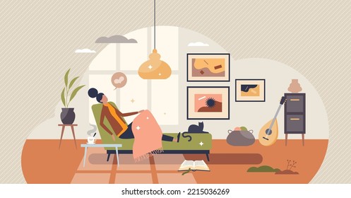 Hygge lifestyle with warm and cozy home interior feeling tiny person concept. Indoor design for relaxation with scandinavian fall style for atmospheric mood and romantic wellbeing vector illustration.