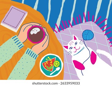Hygge Moment com Gato, Cacau e Livro Aconchegante Ilustração plana