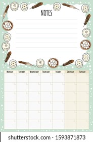 Hygge monthly calendar with boho elements and notes to do list. Lagom scandinavian planner. Cute cartoon style hygge template for agenda and planners. Feathers, candles magical decorations