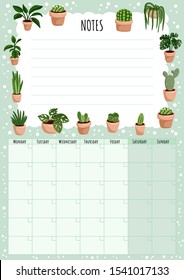 Hygge monthly calendar with succulents plants elements and to do list. Lagom scandinavian planner. Cute cartoon style hygge template for agenda, planners, check lists, and other stationery