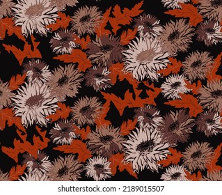 Hygge mood hand drawn seamless pattern of flowers in brown earth tones. For design, package, textile, fabric, wallpaper, bedding, autumn winter apparel.