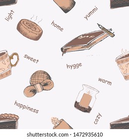 Hygge mood seamless vector pattern. Danish lifestyle endless vector background. Color hand drawn vector  printable wallpaper.