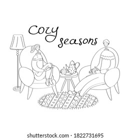 Hygge mood. Young couple enjoying comfort of home. Husband and wife spend time at home. Linear vector illustration for card, poster, sticker, seasonal designs