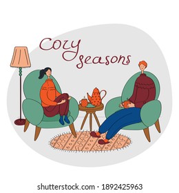 Hygge mood. Young couple enjoying comfort of home. Husband and wife spend time at home. Flat vector illustration for card, poster, sticker, seasonal designs.