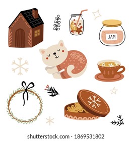 Hygge objects isolated on white background. Cartoon clipart in Scandinavian style. Cute collection of winter symbols.