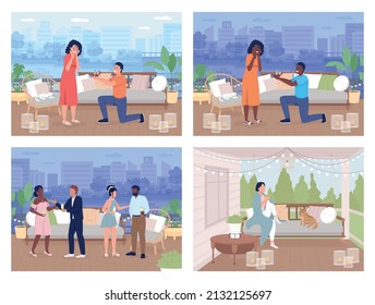 Hygge patio arrangements flat color vector illustration set. Cozy and comfortable rooftop. Happy people spending time outdoors 2D simple cartoon characters collection with cityscape on background