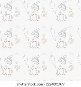 Hygge pattern. A cup. Pumpkin. Umbrella. Hat.