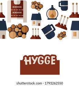 Afiche hipogloso con objetos acogedores: linterna, casa, velas, pila de madera, taza nórdica azul con patrón sobre fondo blanco.Ilustración vectorial de estilo plano. Plantilla para publicidad, banner de blog. EPS 10j