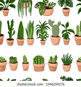 Hygge potted succulents plants in a row seamless pattern. Cozy lagom scandinavian style texture tile