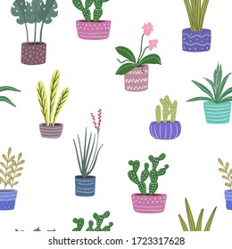 Hygge Potted Urban Plants Hand Drawn Collection. Home Jungle Doodle Seamless Pattern. Flat Scandinavian Style Background Texture. Vector.