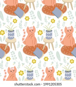 Hygge seamless pattern. Cats and books cozy illustration
