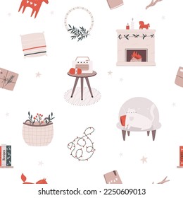 Hygge seamless pattern with cozy things - chimney, pillow, books, armchair and cat. Design for greeting cards, gift boxes, wallpaper, wrapping paper.