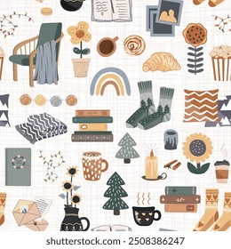 Hygge seamless pattern with cozy things - socks, books, sweets, drinks, home flowers, pillows, and chair. Design for greeting cards, gift boxes, wallpaper, wrapping paper.