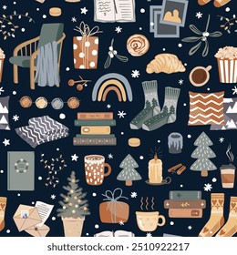 Hygge seamless pattern with cozy winter things - socks, books, sweets, drinks, Christmas decorations, pillows, and chair. Design for greeting cards, gift boxes, wallpaper, wrapping paper.