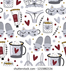 Hygge seamless pattern. Cute illustration of christmas, winter and Valentines day elements on white background. Scandinavian style. Vector illustration