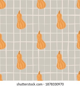 Hygge seamless pattern with hand drawn orange pumpkin silhouettes. Chequered background. Perfect for fabric design, textile print, wrapping, cover. Vector illustration