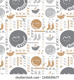 hygge seamless pattern with round cats, coffee and knitted sox