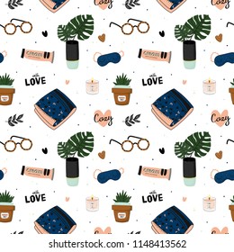 Hygge seamless pattern in vector. Cute illustration of autumn and winter hygge elements on white background. Scandinavian trendy style