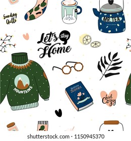 Hygge seamless pattern in vector. Cute illustration of autumn and winter hygge elements on white background. Scandinavian trendy style