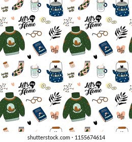 Hygge seamless pattern in vector. Cute illustration of autumn and winter hygge elements on white background. Scandinavian trendy style